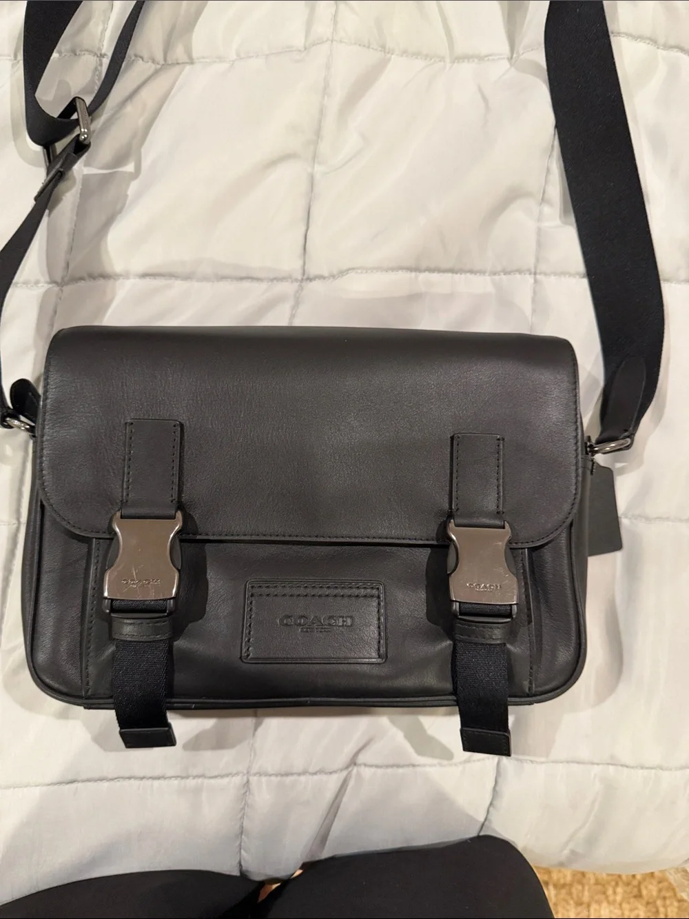 Coach Black Leather Men’s Messenger Bag with Silver Buckles